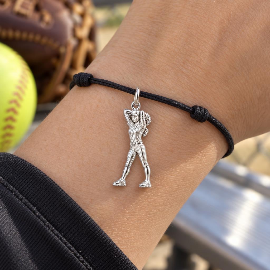 Game Day Pitcher Charm Bracelet – Personalized Athlete Gift – worn on the wrist on a black cord bracelet