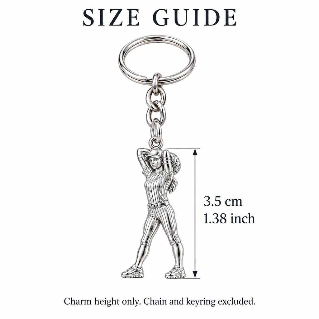 Game Day Pitcher Charm Keychain – size guide, 3.5 cm (1.38 in) charm, chain and keyring excluded