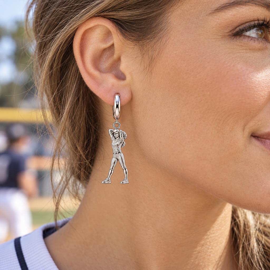 Game Day Pitcher Huggie Charm Earrings – worn / in use