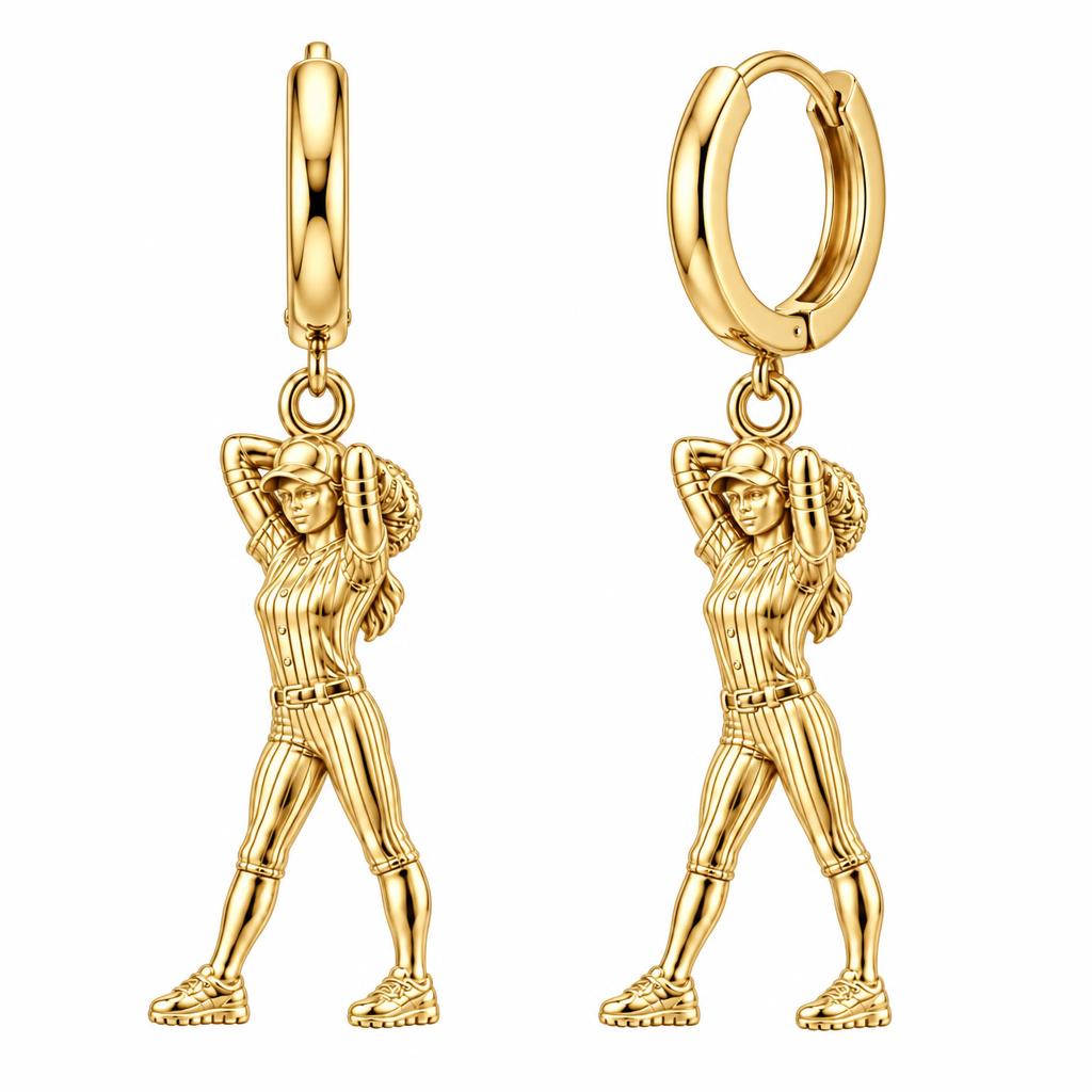 Game Day Pitcher Huggie Charm Earrings – 18K gold, front view