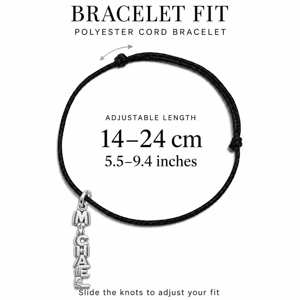 Game Day Spirit Charm Bracelet – Personalized Athlete Gift – adjustable black cord bracelet, 14–24 cm