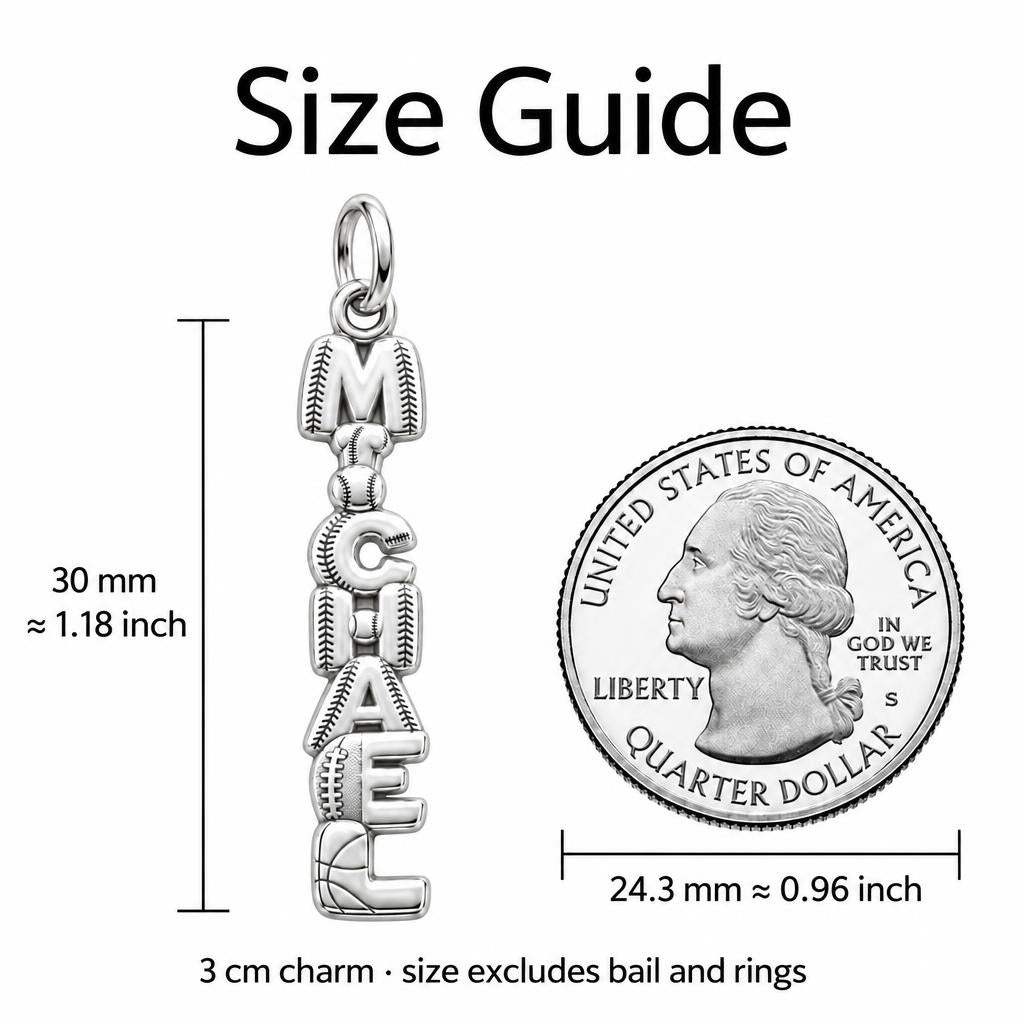 Game Day Spirit Charm Bracelet – Personalized Athlete Gift – size guide, 3 cm charm next to a quarter