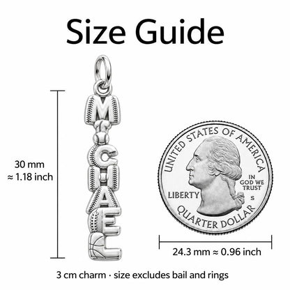 Game Day Spirit Charm Bracelet – Personalized Athlete Gift – size guide, 3 cm charm next to a quarter