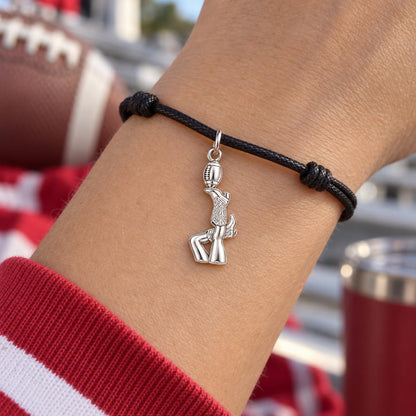 Game Day Spirit Charm Bracelet – Personalized Football Gift – worn on the wrist on a black cord bracelet