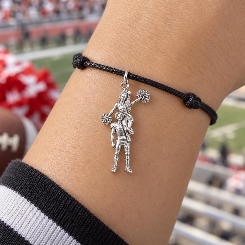 Game Day Spirit Couple Charm Bracelet – Personalized Couple Gift – worn on the wrist on a black cord bracelet