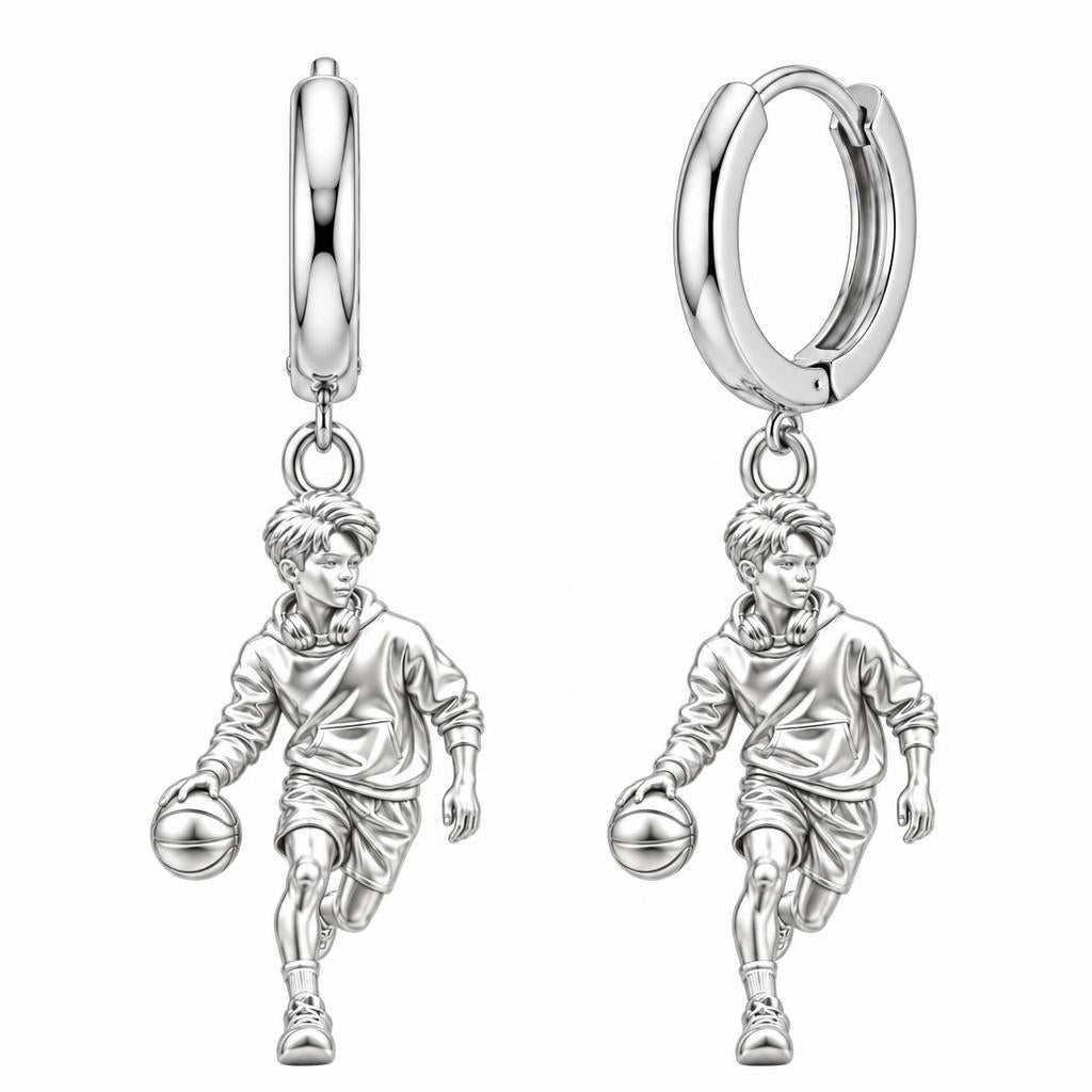 Game Point Dribbler Huggie Charm Earrings – silver, front view