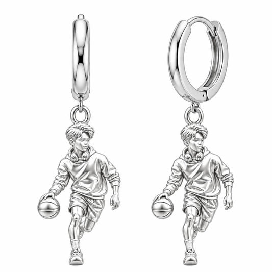 Game Point Dribbler Huggie Charm Earrings – silver, front view