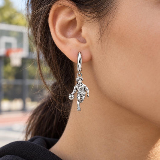 Game Point Dribbler Huggie Charm Earrings – worn / in use