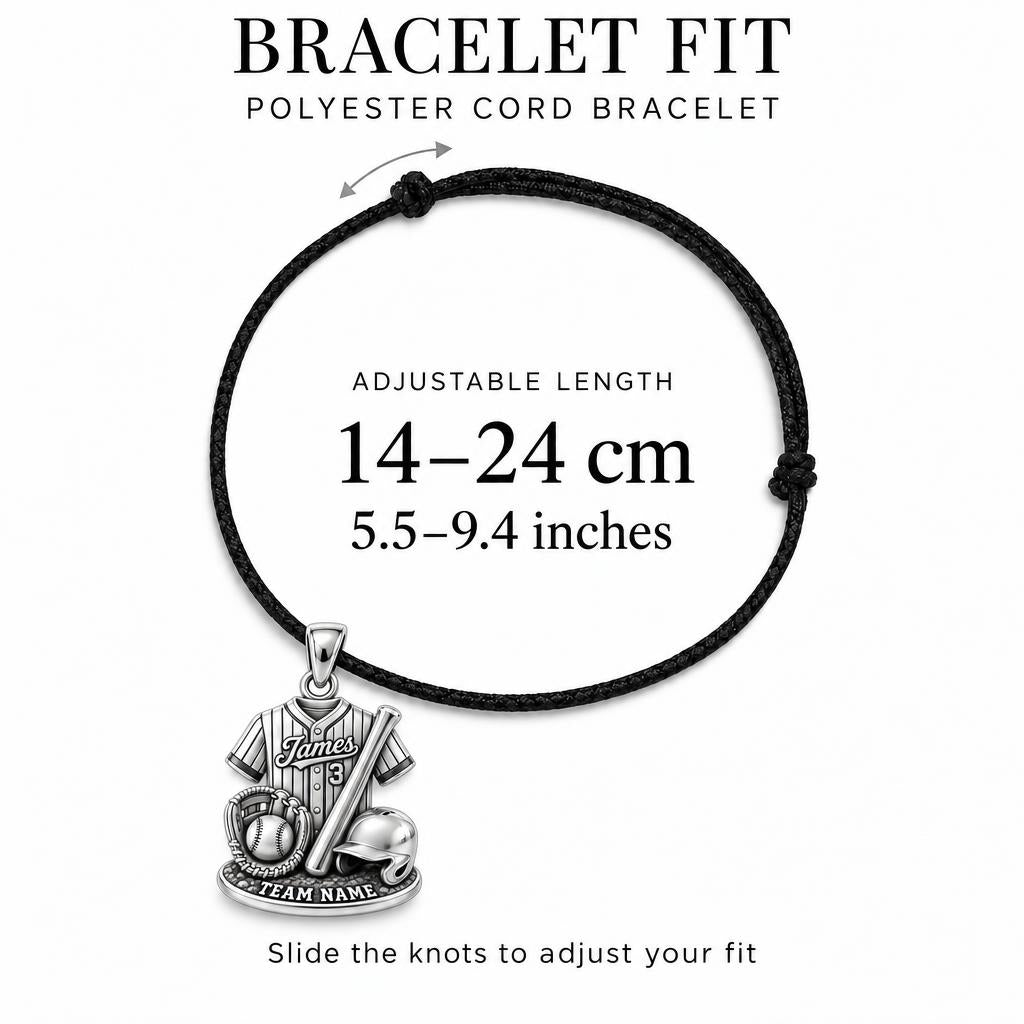 Gameday Jersey Charm Bracelet – Personalized Athlete Gift – adjustable black cord bracelet, 14–24 cm
