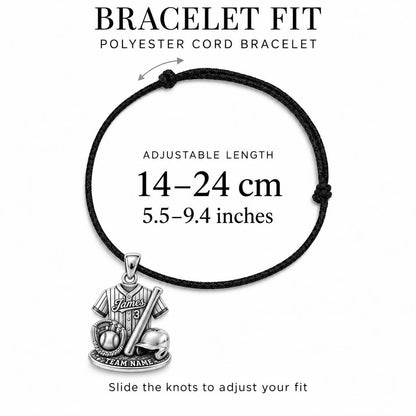 Gameday Jersey Charm Bracelet – Personalized Athlete Gift – adjustable black cord bracelet, 14–24 cm