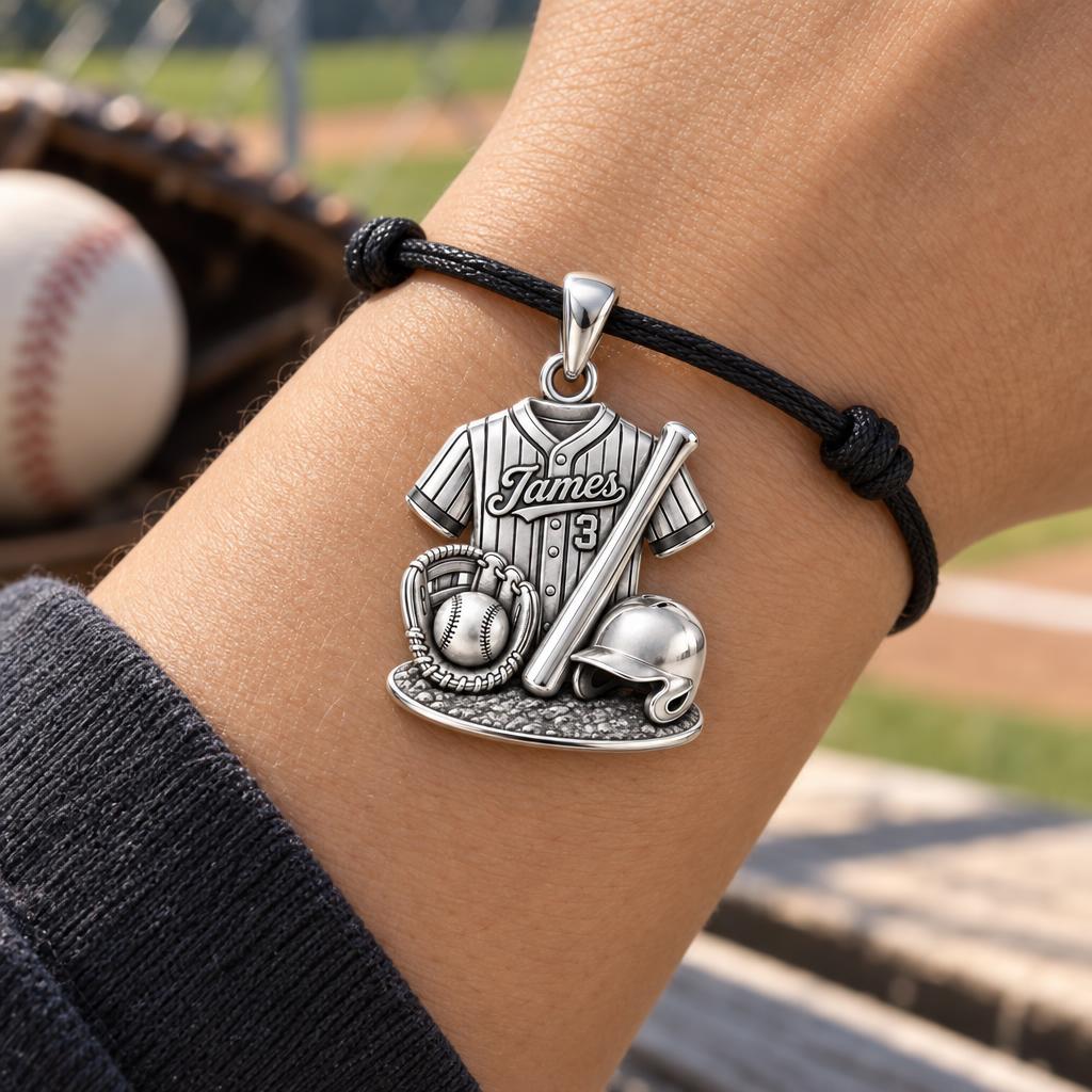 Gameday Jersey Charm Bracelet – Personalized Athlete Gift – worn on the wrist on a black cord bracelet