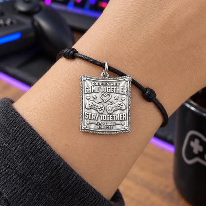 Gamer Couple Connection Charm Bracelet – Personalized Couple Gift – worn on the wrist on a black cord bracelet