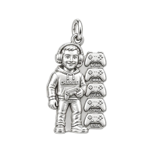 Gamer Dad and Players Charm Bracelet – Personalized Dad Gift – silver plated 2 cm charm, front view