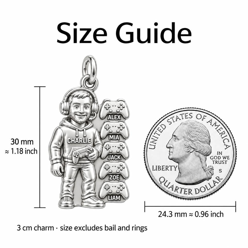 Gamer Dad and Players Charm Bracelet – Personalized Dad Gift – size guide, 3 cm charm next to a quarter