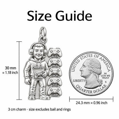 Gamer Dad and Players Charm Bracelet – Personalized Dad Gift – size guide, 3 cm charm next to a quarter
