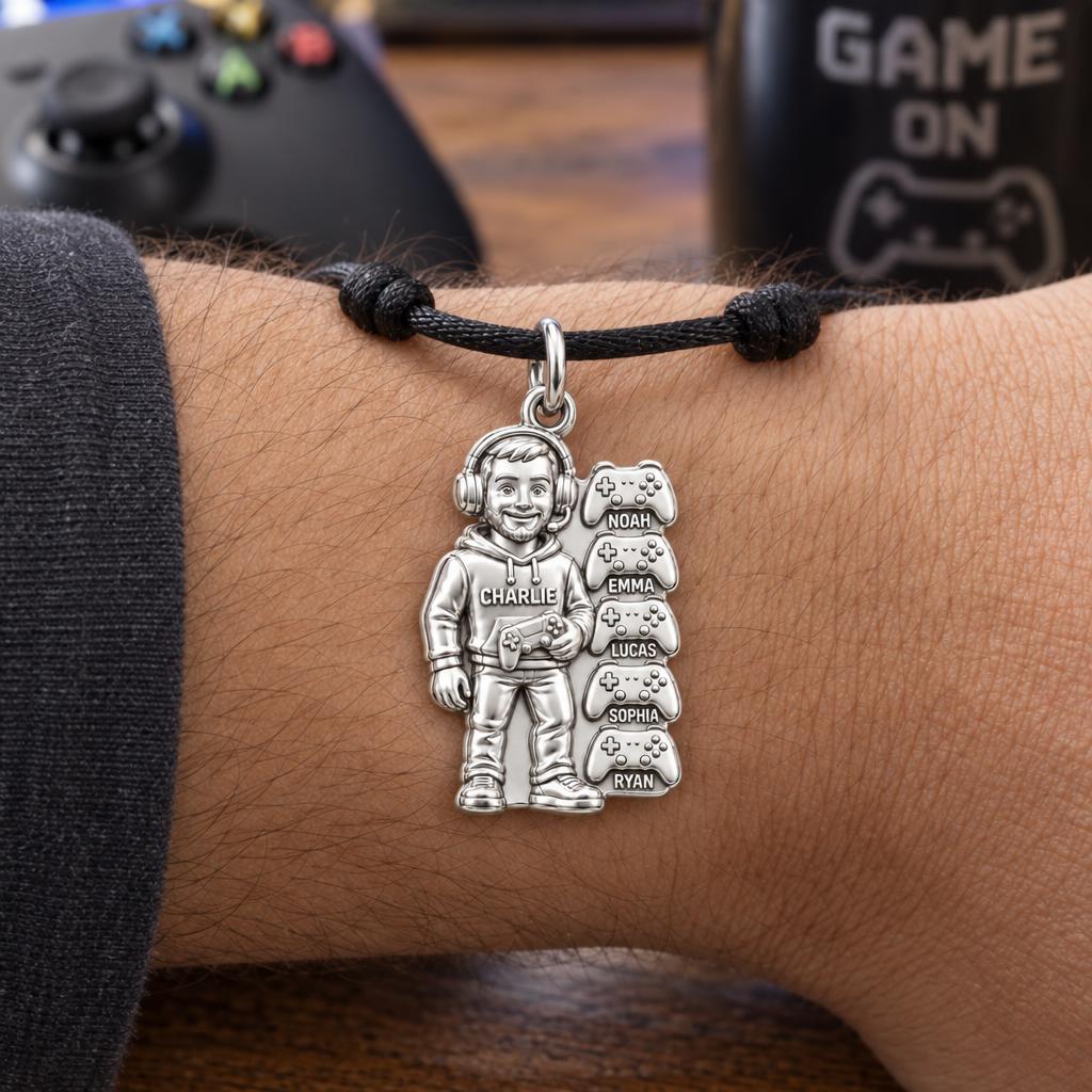 Gamer Dad and Players Charm Bracelet – Personalized Dad Gift – worn on the wrist on a black cord bracelet