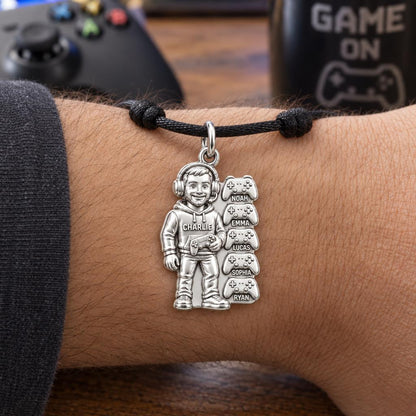 Gamer Dad and Players Charm Bracelet – Personalized Dad Gift – worn on the wrist on a black cord bracelet