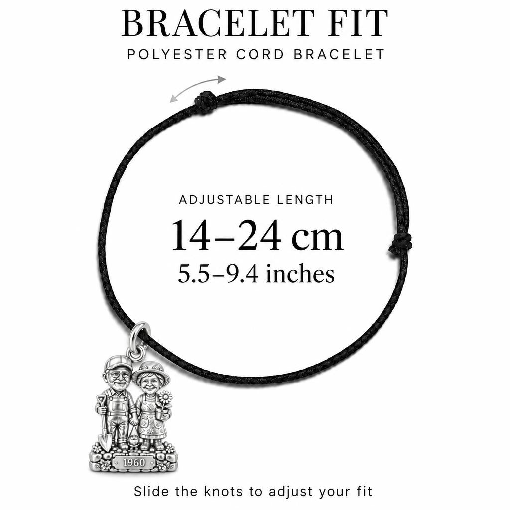 Garden Togetherness Charm Bracelet – Personalized Couple Gift – adjustable black cord bracelet, 14–24 cm
