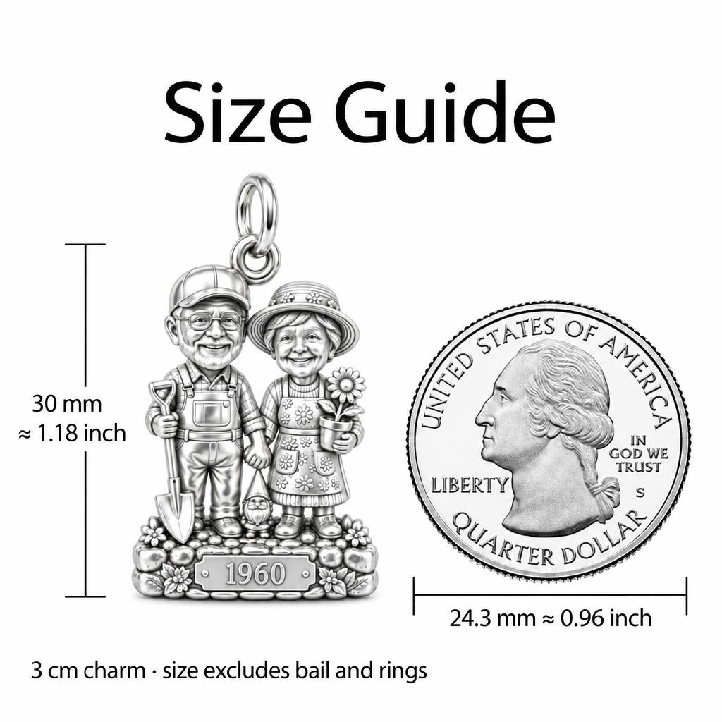 Garden Togetherness Charm Bracelet – Personalized Couple Gift – size guide, 3 cm charm next to a quarter