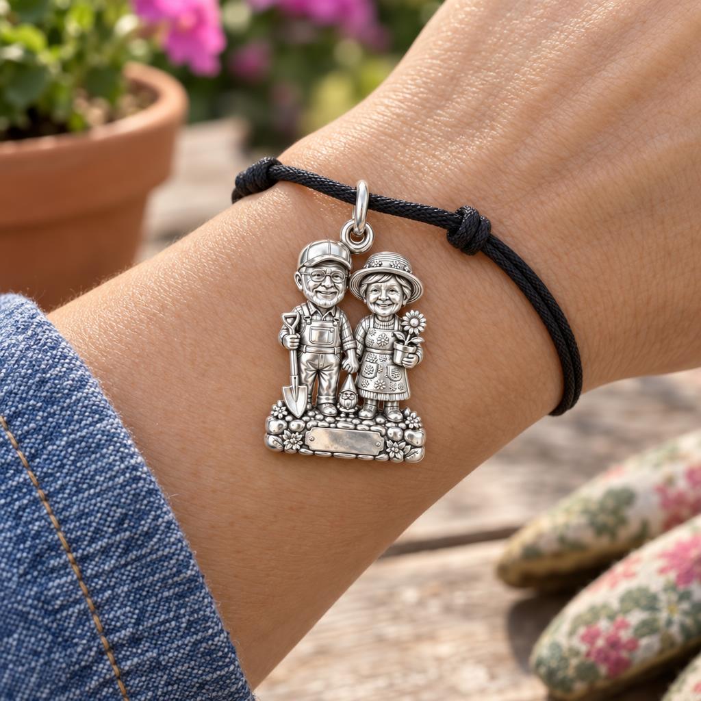 Garden Togetherness Charm Bracelet – Personalized Couple Gift – worn on the wrist on a black cord bracelet