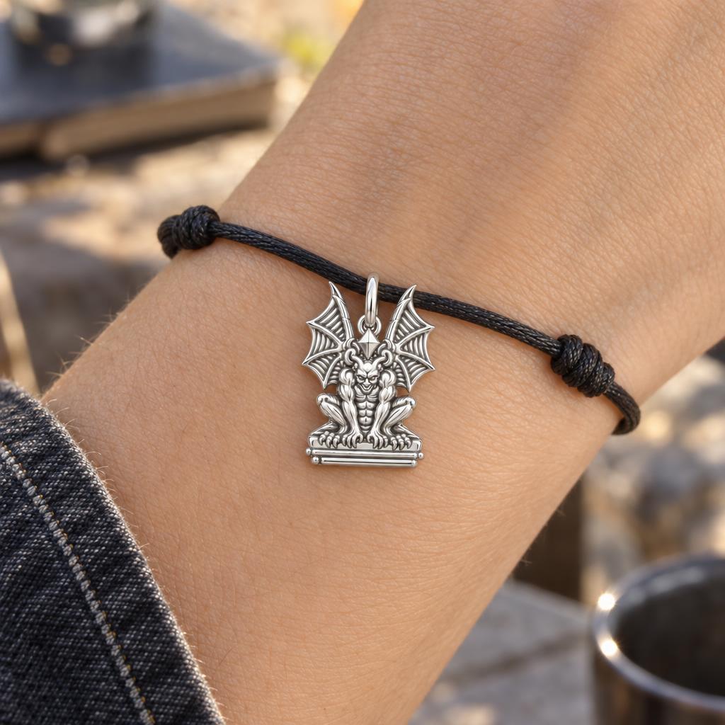 Gargoyle Guardian Charm Bracelet – Personalized Protector Gift – worn on the wrist on a black cord bracelet