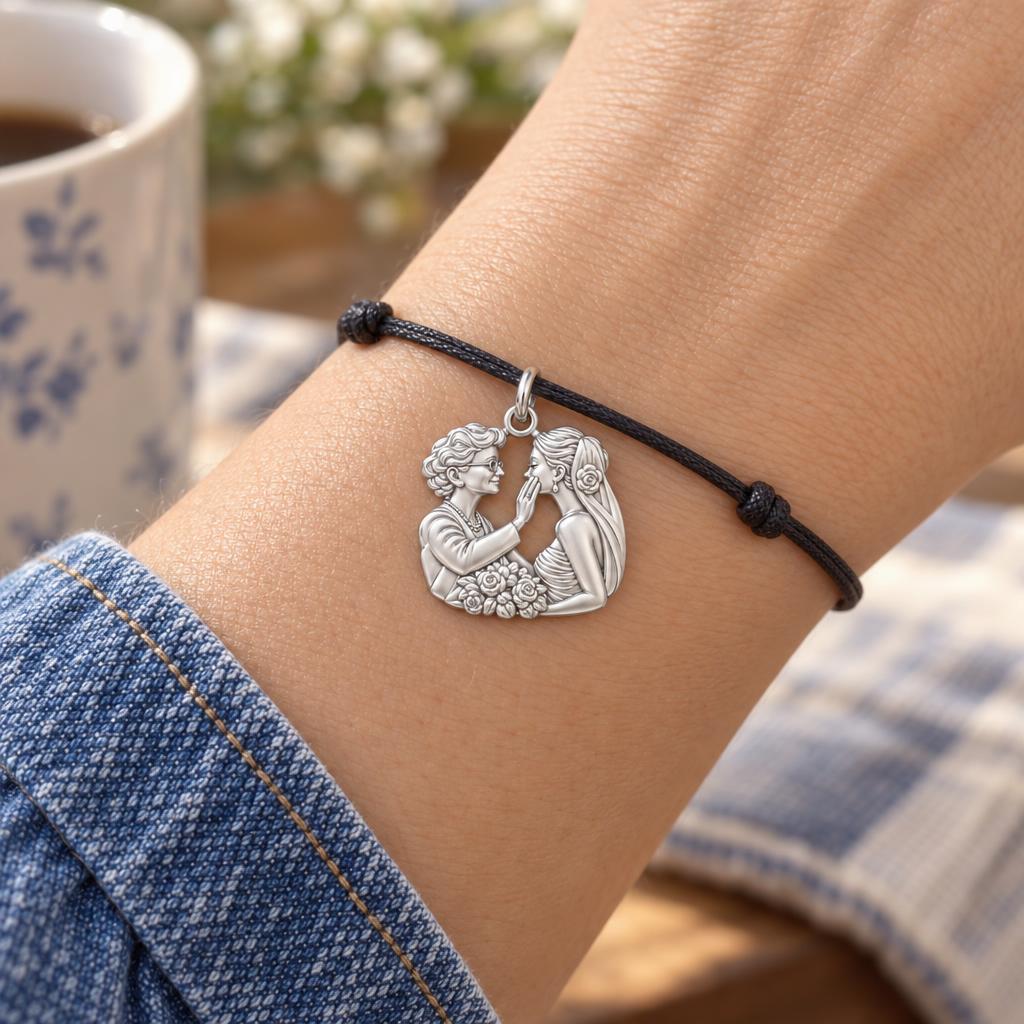 Generational Love Portrait Charm Bracelet – Personalized Mom Gift – worn on the wrist on a black cord bracelet