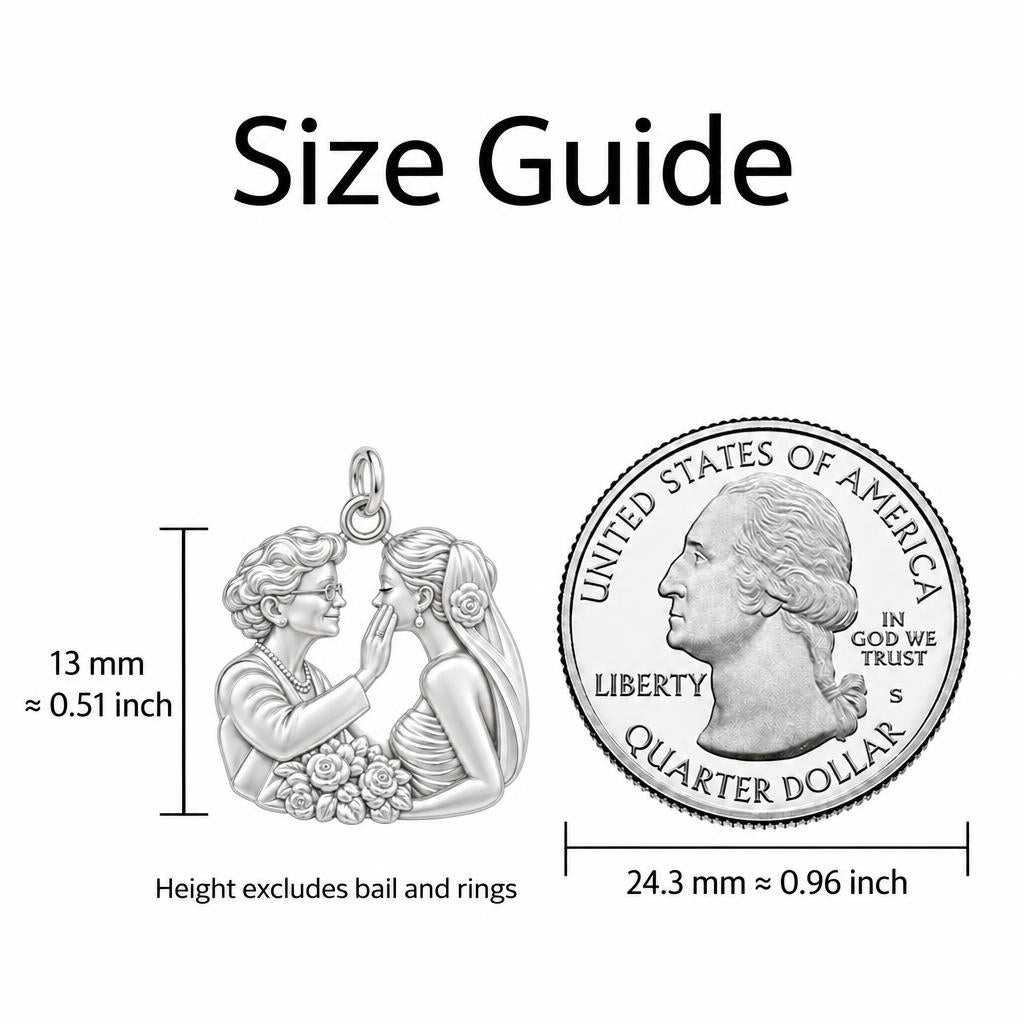 Generational Love Portrait Charm Necklace Set – size guide, 13 mm charm next to a quarter