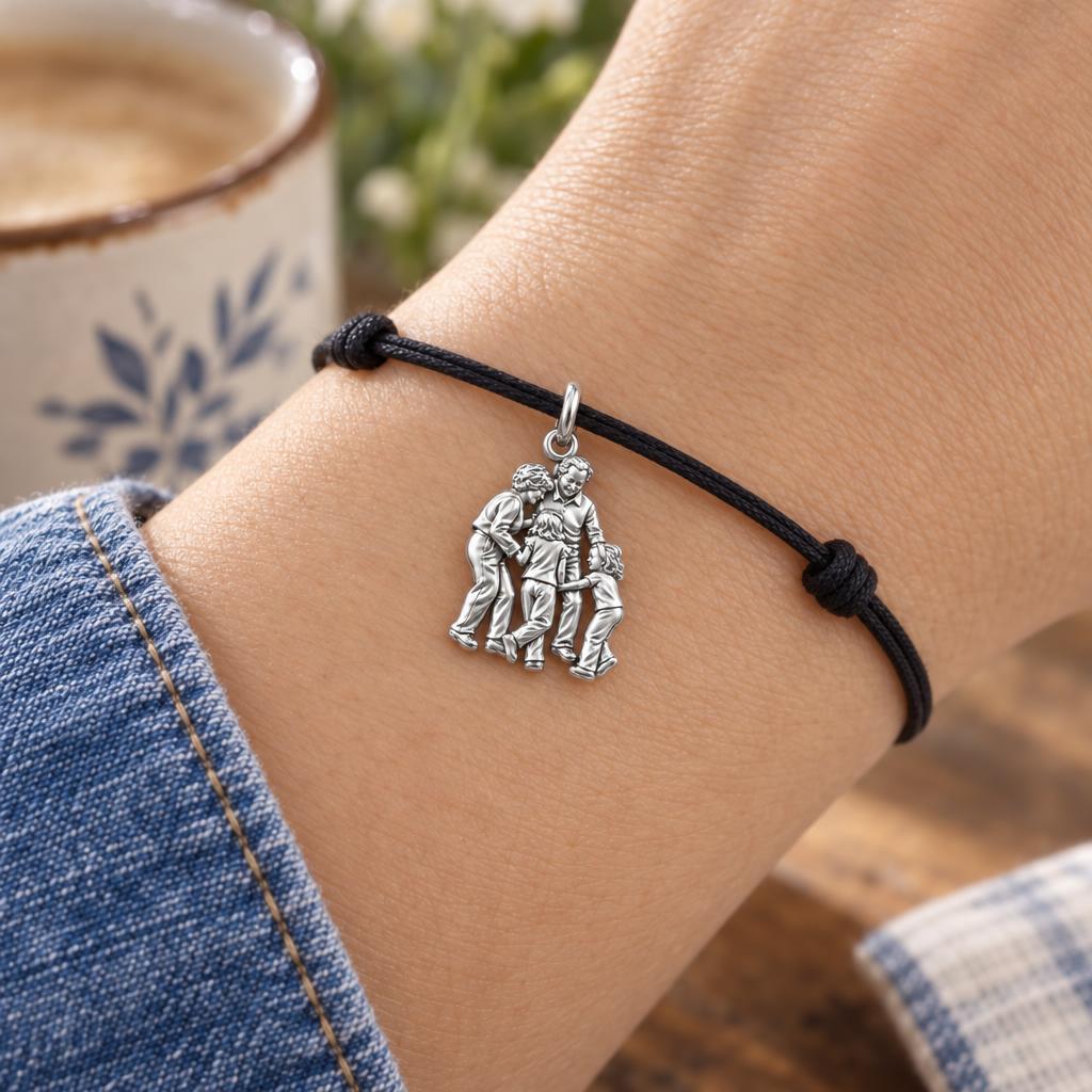 Generations of Love Charm Bracelet – Personalized Mom Gift – worn on the wrist on a black cord bracelet