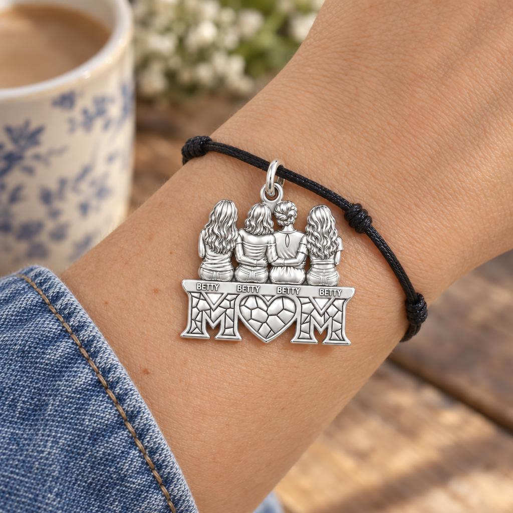 Generations of Love Charm Bracelet – Personalized Mom Gift – worn on the wrist on a black cord bracelet