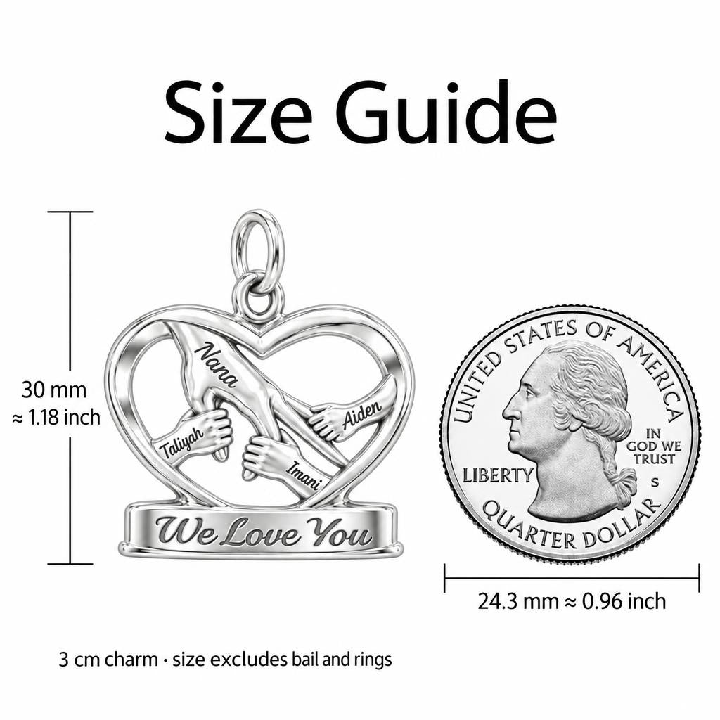 Generations of Love Heart Charm Bracelet Set – size guide, 13 mm charm next to a quarter