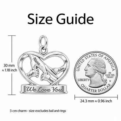 Generations of Love Heart Charm Necklace Set – size guide, 13 mm charm next to a quarter