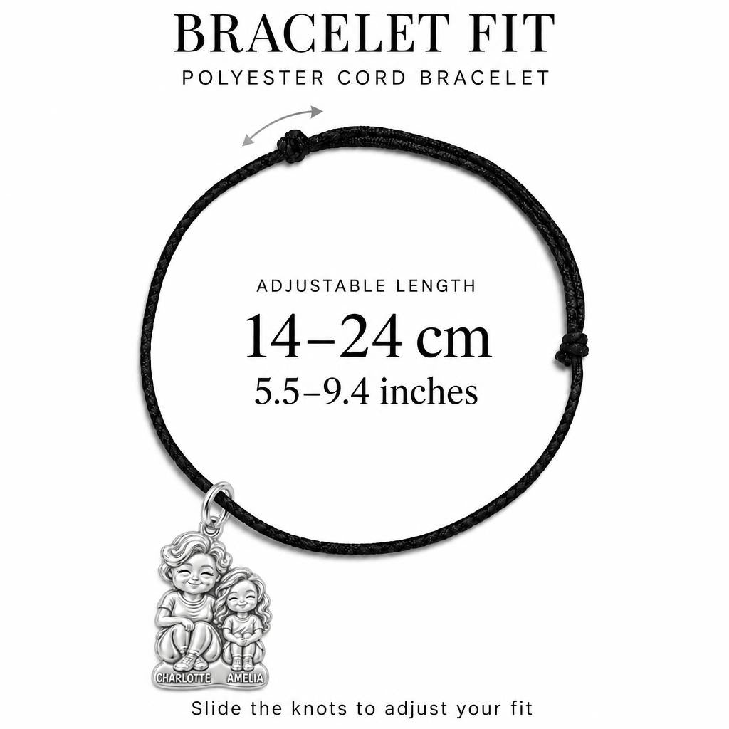 Generations Together Charm Bracelet – Personalized Nana Gift – adjustable black cord bracelet, 14–24 cm