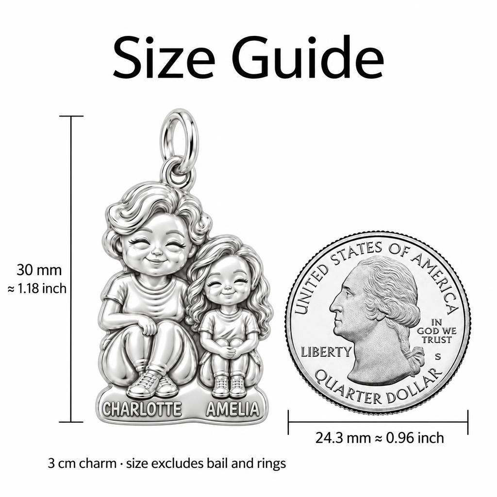 Generations Together Charm Bracelet – Personalized Nana Gift – size guide, 2 cm charm next to a quarter