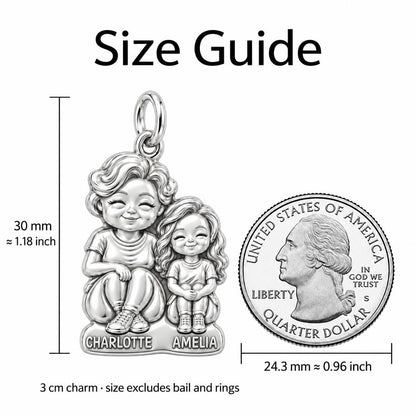 Generations Together Charm Bracelet – Personalized Nana Gift – size guide, 2 cm charm next to a quarter