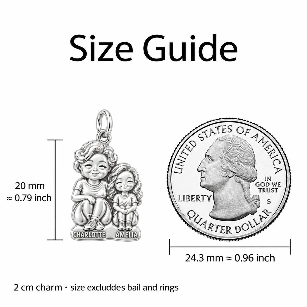 Generations Together Charm Bracelet – Personalized Nana Gift – size guide, 2 cm charm next to a quarter