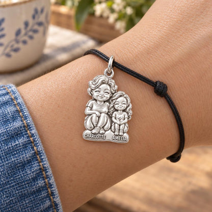 Generations Together Charm Bracelet – Personalized Nana Gift – worn on the wrist on a black cord bracelet