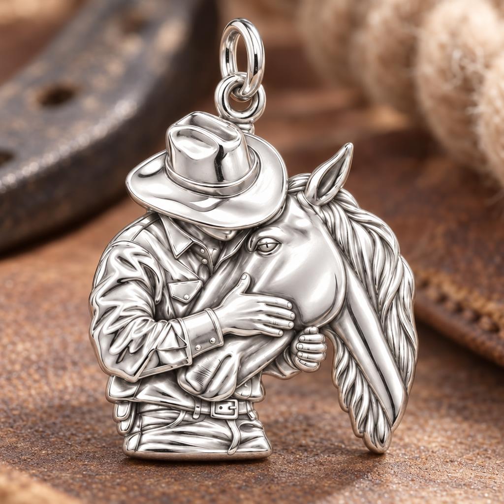 Gentle Cowboy Embrace Charm Bracelet – Personalized Horse Lover Gift – macro detail of the charm