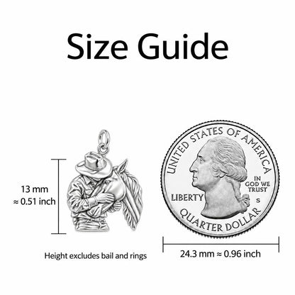 Gentle Cowboy Embrace Charm Bracelet – Personalized Horse Lover Gift – size guide, 13 mm charm next to a quarter