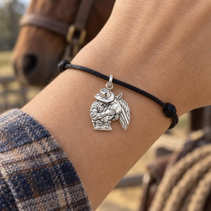 Gentle Cowboy Embrace Charm Bracelet – Personalized Horse Lover Gift – worn on the wrist on a black cord bracelet