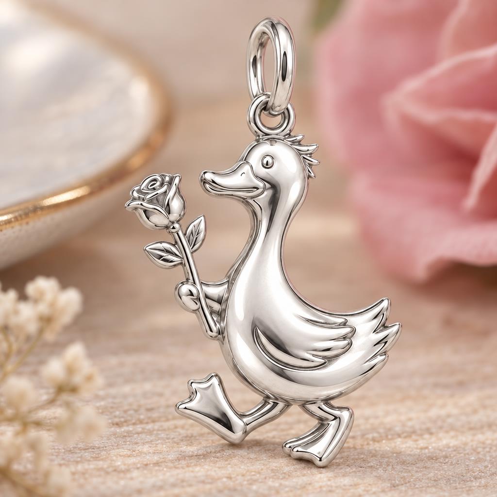 Gentle Duckling with Rose Charm Bracelet – Personalized Mom Gift – macro detail of the charm