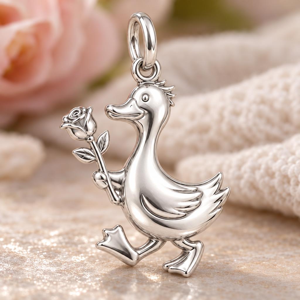 Gentle Duckling with Rose Charm Bracelet – Personalized Mom Gift – macro detail of the charm