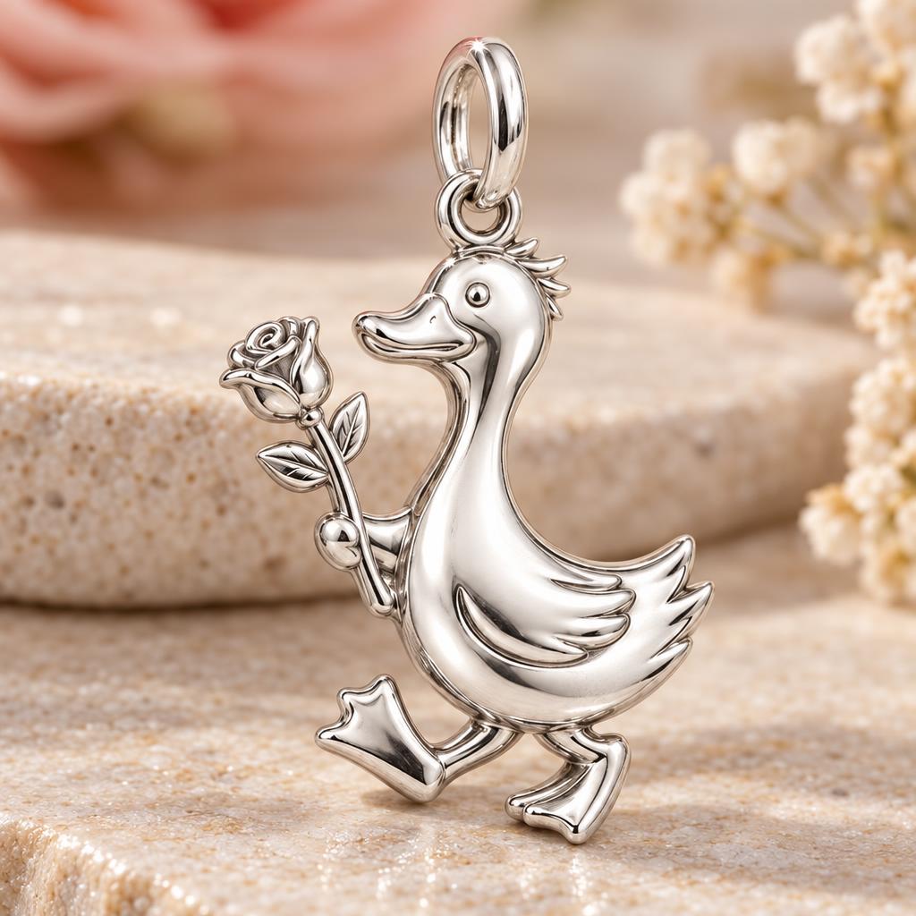 Gentle Duckling with Rose Charm Bracelet – Personalized Mom Gift – macro detail of the charm