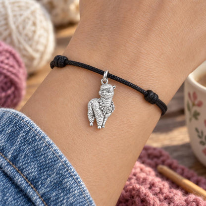 Gentle Flower Sheep Charm Bracelet – Personalized Nana Gift – worn on the wrist on a black cord bracelet