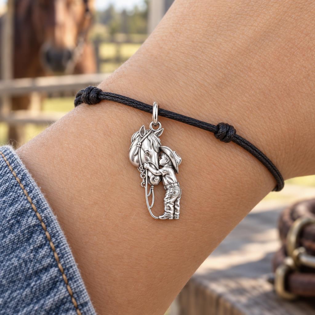 Gentle Horse Hug Charm Bracelet – Personalized Mom Gift – worn on the wrist on a black cord bracelet