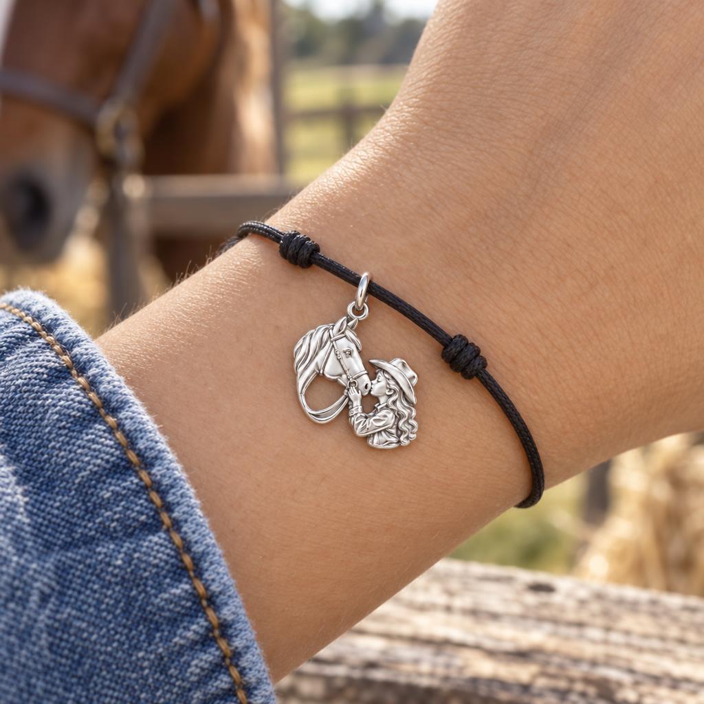Gentle Horse Kiss Charm Bracelet – Personalized Horse Mom Gift – worn on the wrist on a black cord bracelet