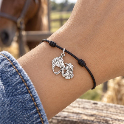 Gentle Horse Kiss Charm Bracelet – Personalized Horse Mom Gift – worn on the wrist on a black cord bracelet