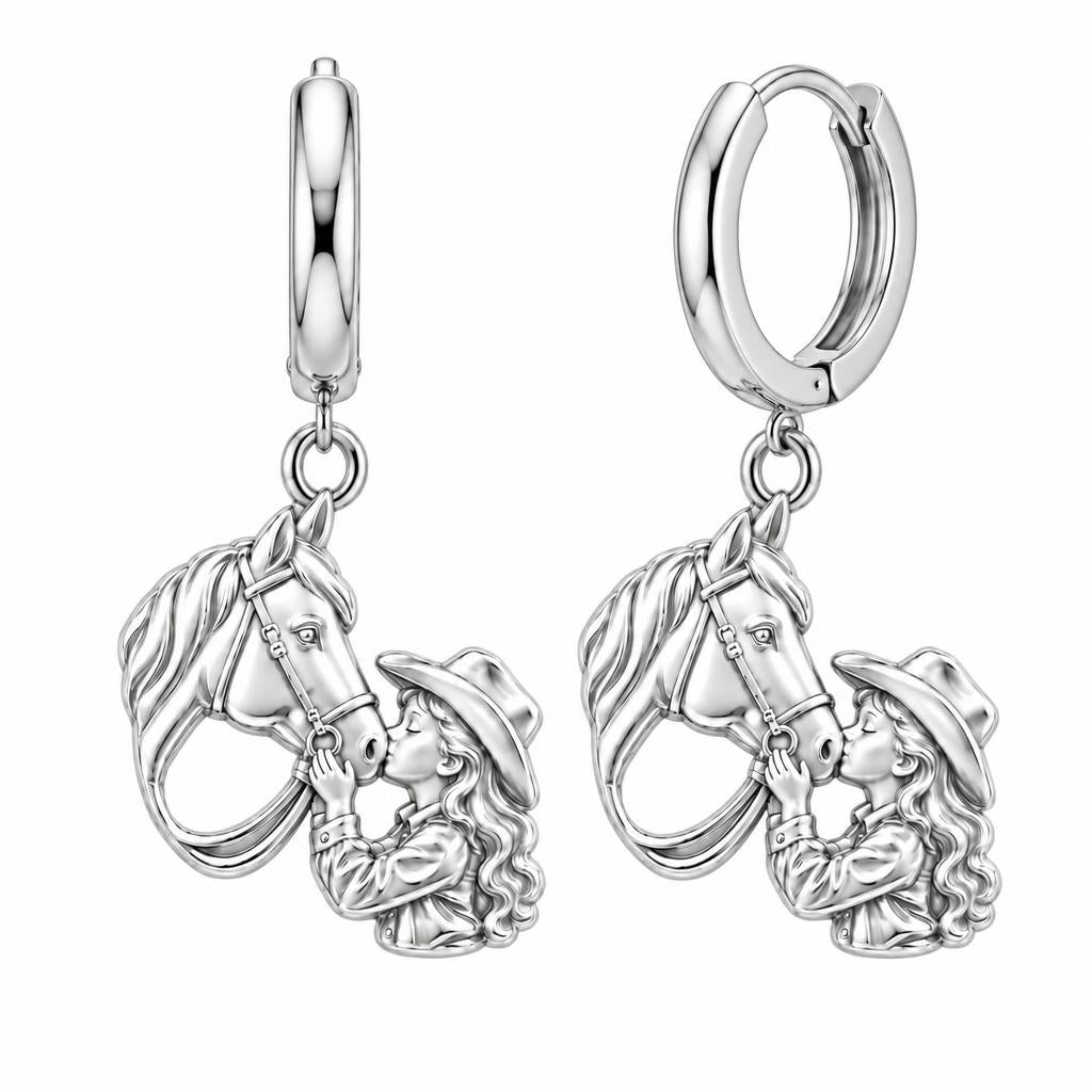 Gentle Horse Kiss Huggie Charm Earrings – silver, front view