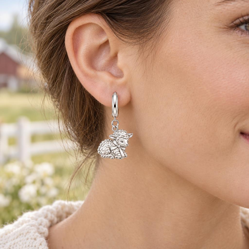 Gentle Little Lamb Huggie Charm Earrings – worn / in use