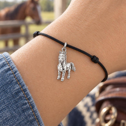 Gentle Spirit Horse Charm Bracelet – Personalized Horse Lover Gift – worn on the wrist on a black cord bracelet