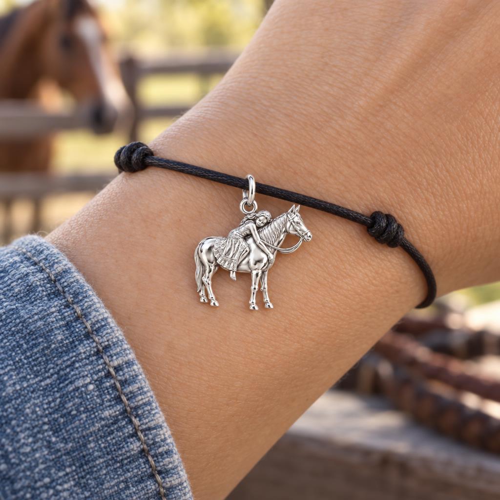 Gentle Spirit Horse Hug Charm Bracelet – Personalized Horse Lovers – worn on the wrist on a black cord bracelet